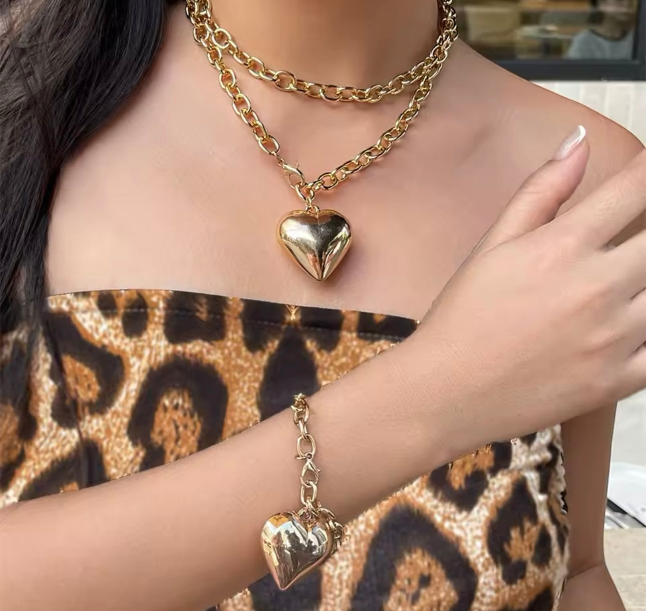 Big Pendant Long Heart Necklace (silver and gold)