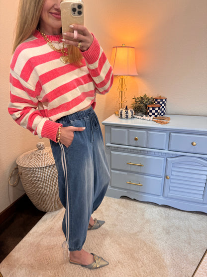 Denim Striped Detailed Tie Bottom Jogger Pants