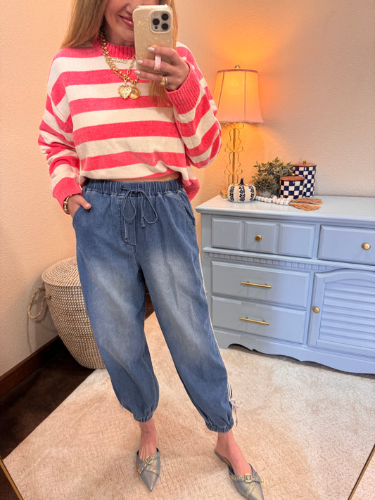 Denim Striped Detailed Tie Bottom Jogger Pants