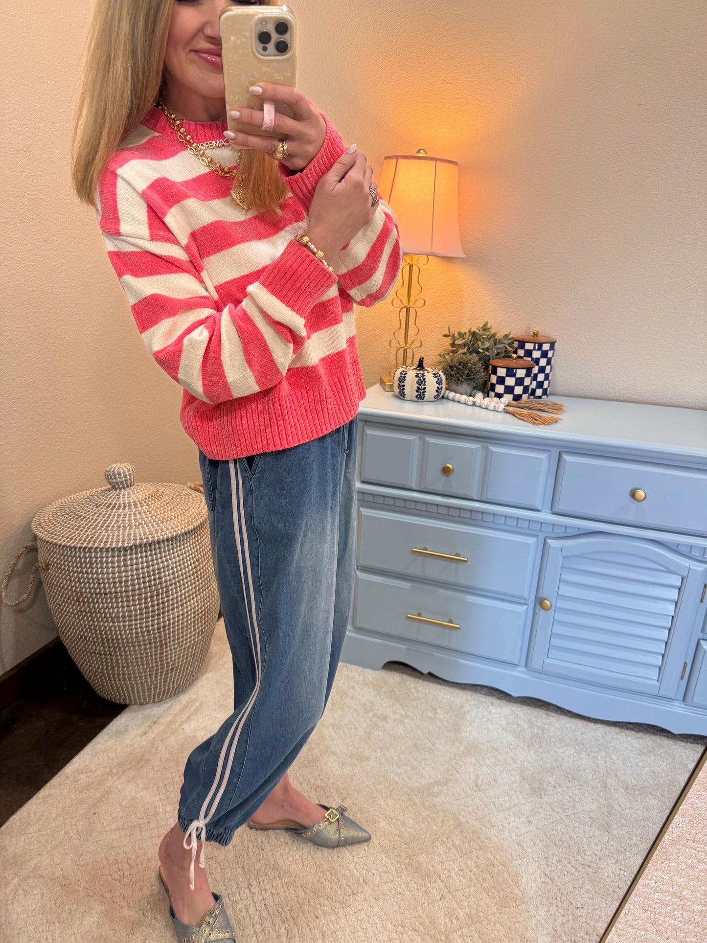 Taffy Pink & Cream Striped Sweater