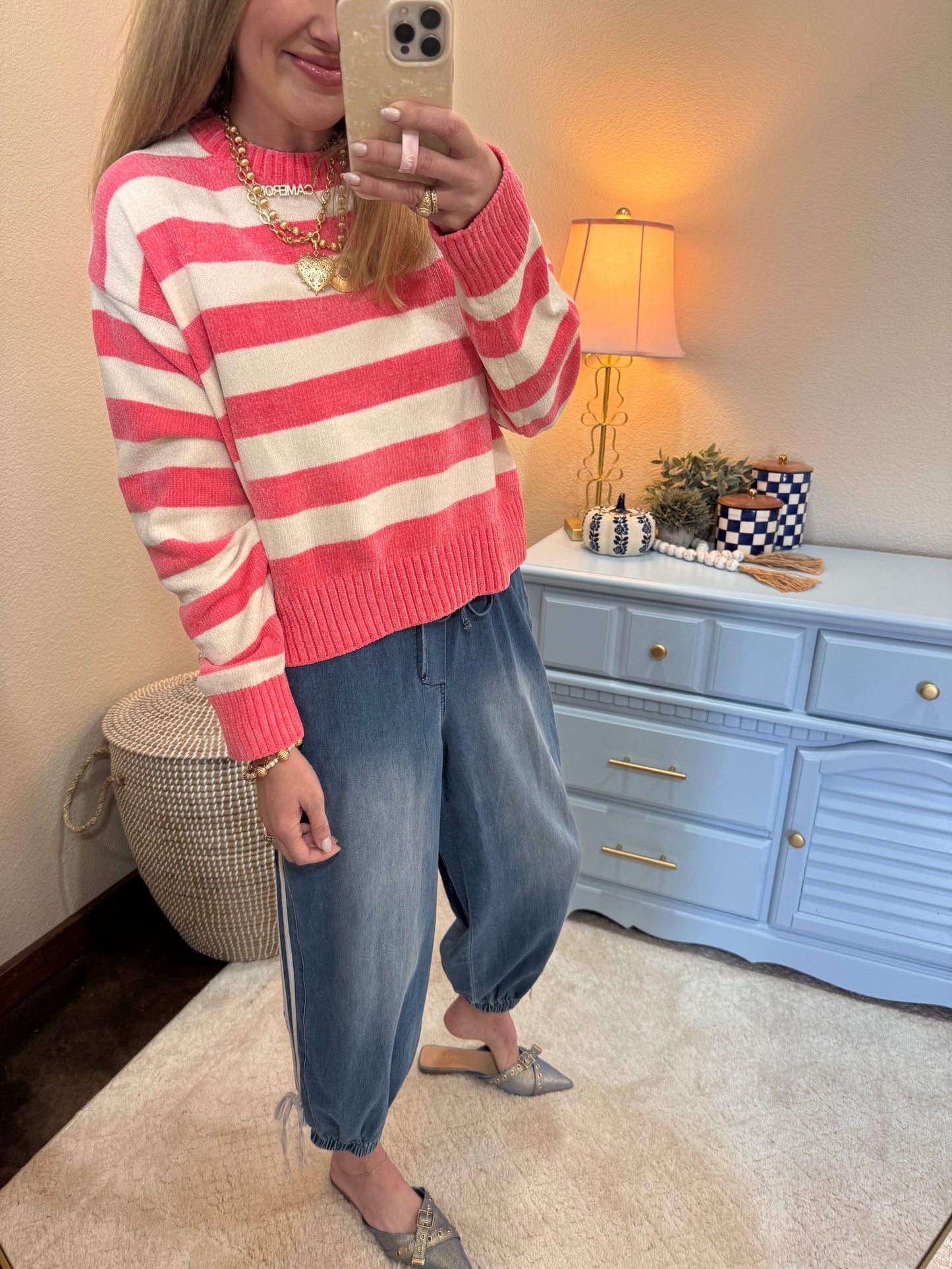 Taffy Pink & Cream Striped Sweater