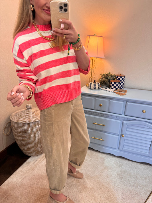 Taffy Pink & Cream Striped Sweater