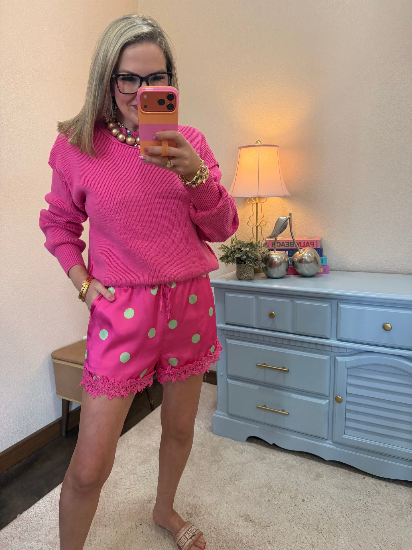 Pink & Lime Polka Dot Lace Shorts