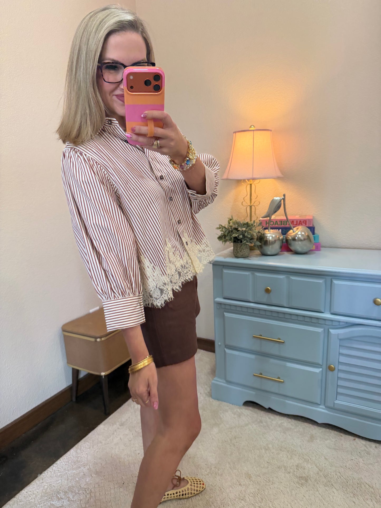 Rust Stripe Button Up With Lace Detail Top