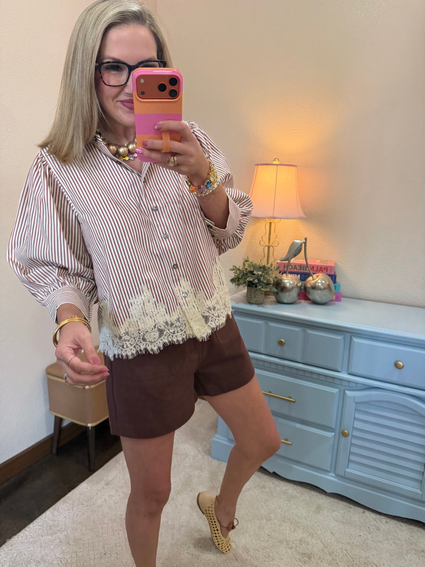 Rust Stripe Button Up With Lace Detail Top