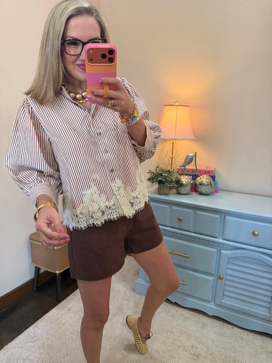Rust Stripe Button Up With Lace Detail Top