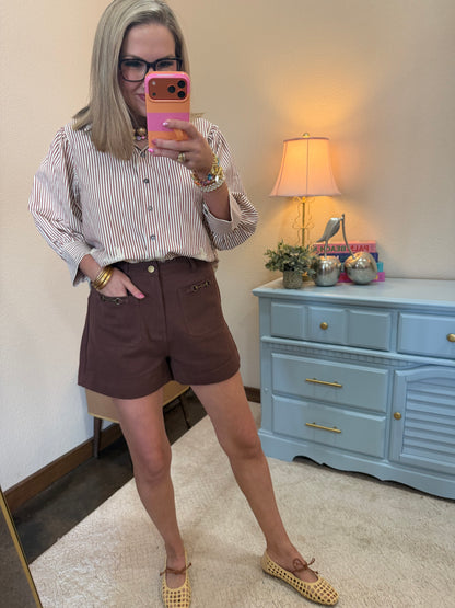 Rust Stripe Button Up With Lace Detail Top