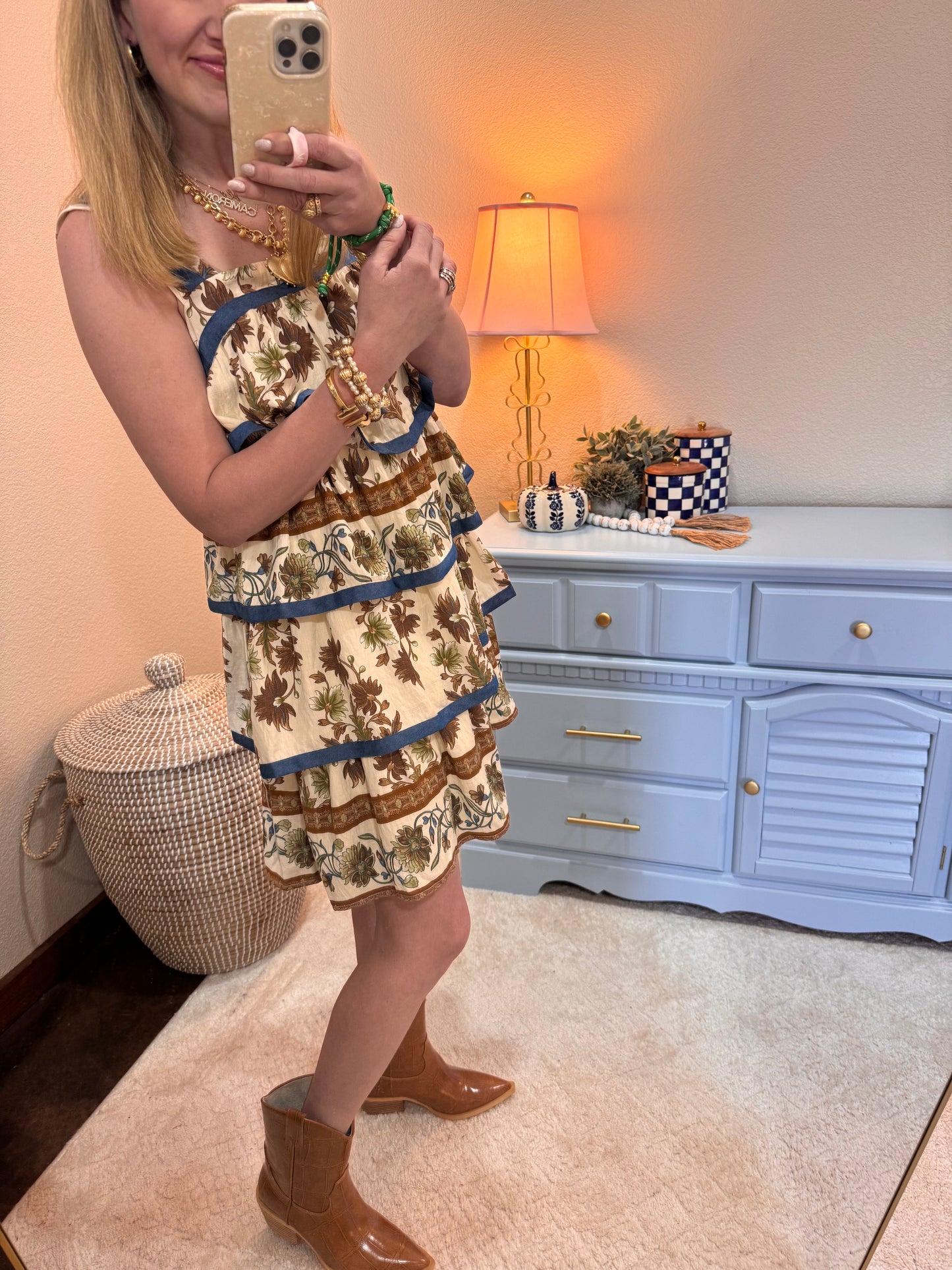 Brown Printed Floral Tiered Dress