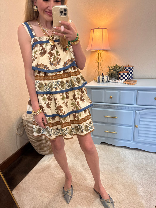 Brown Printed Floral Tiered Dress