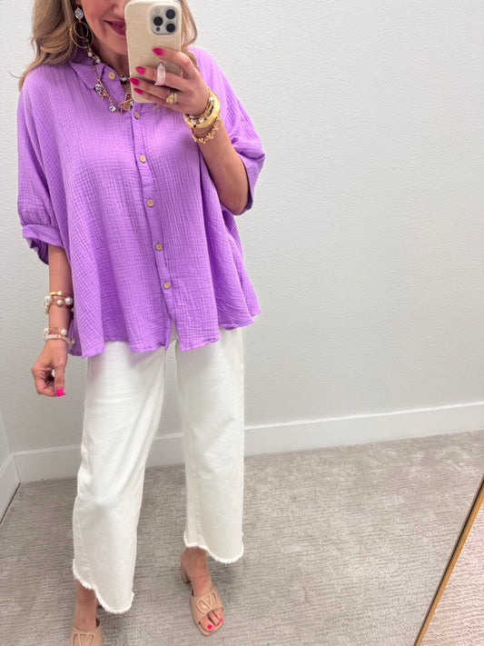 Bright Lavender Double Gauze 3/4 Sleeve Button Up Shirt