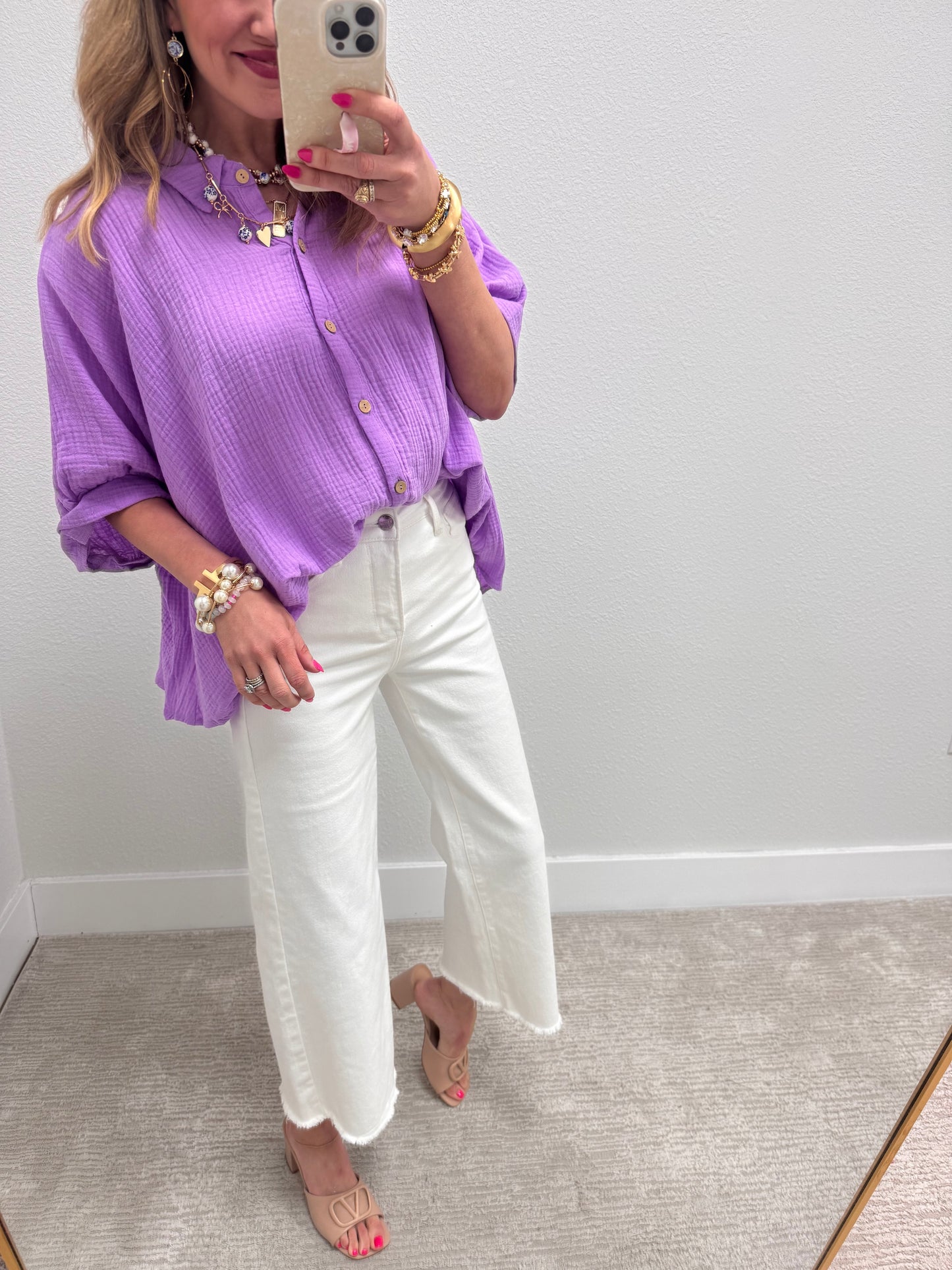 Bright Lavender Double Gauze 3/4 Sleeve Button Up Shirt