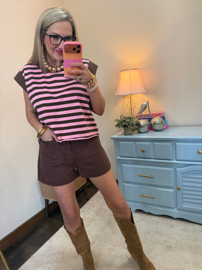Brown & Pink Stripe Cotton & Solid Rib Over-sized Sleeveless Top
