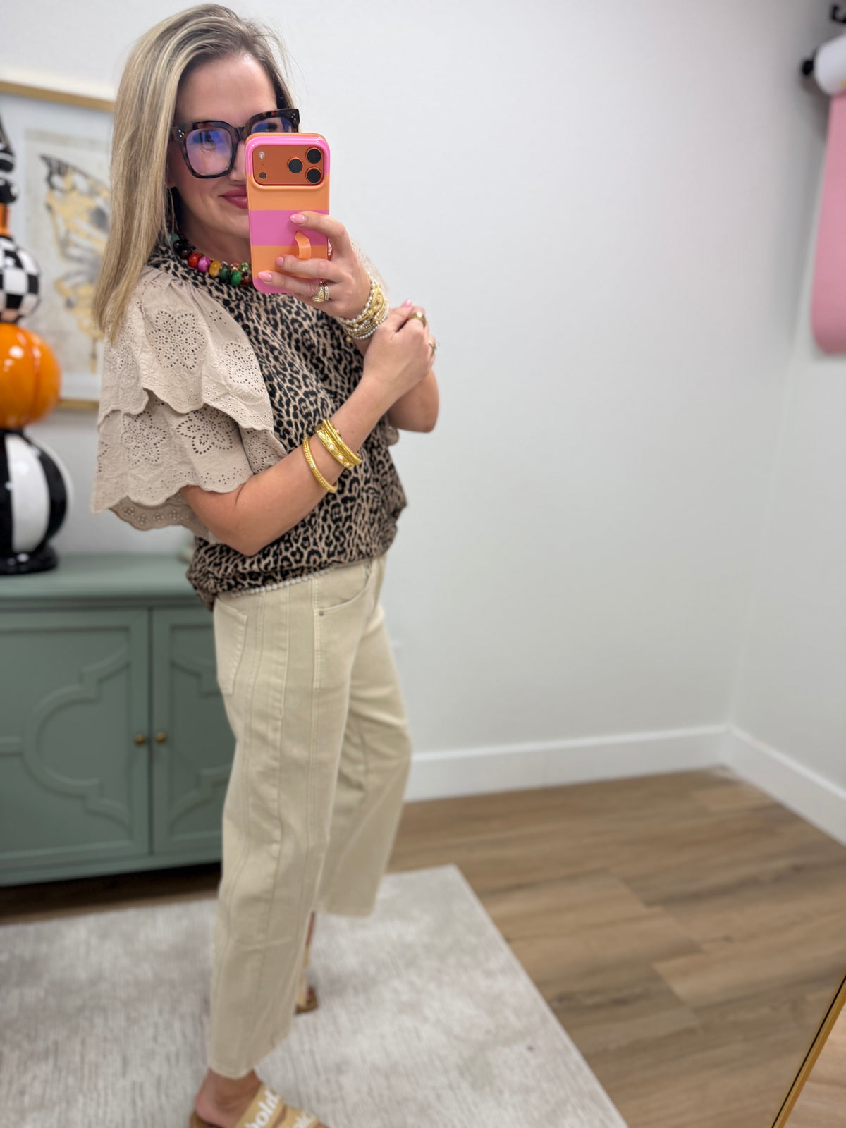 Leopard Textured Printed Lace Sleeve Blouse Top