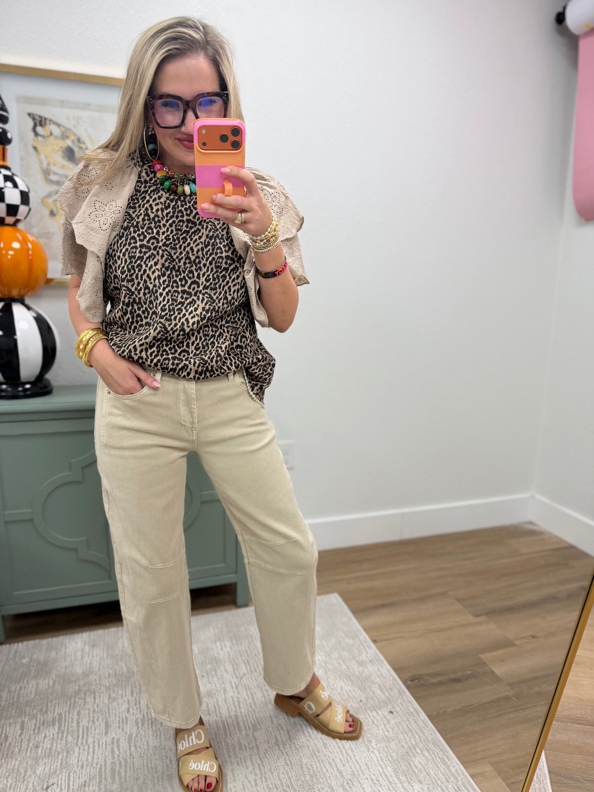 Leopard Textured Printed Lace Sleeve Blouse Top