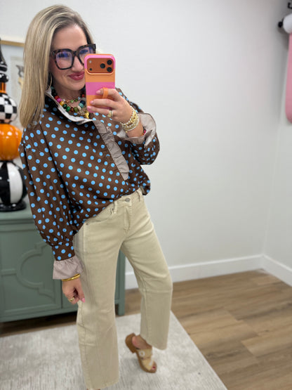 Brown Polka Dot Ruffle Button Top