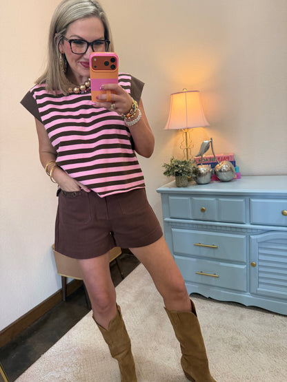 Brown & Pink Stripe Cotton & Solid Rib Over-sized Sleeveless Top