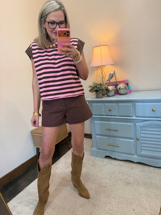 Brown & Pink Stripe Cotton & Solid Rib Over-sized Sleeveless Top