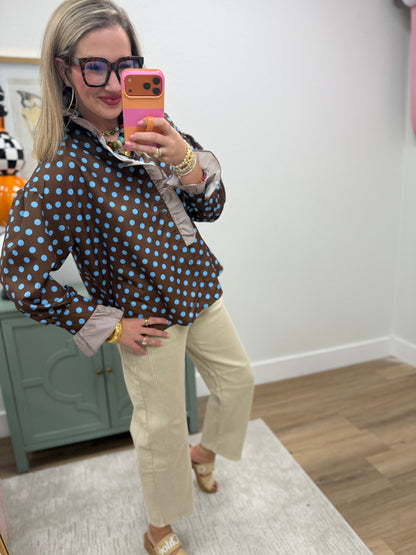 Brown Polka Dot Ruffle Button Top