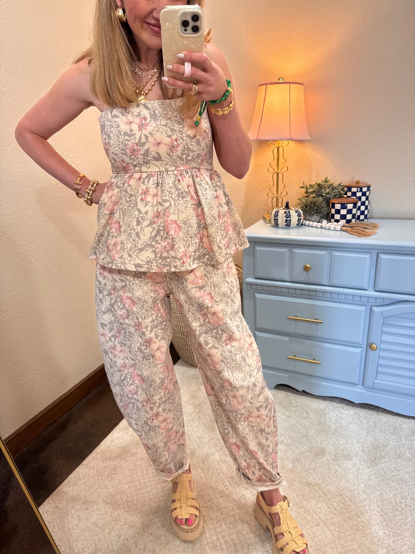 Khaki Floral Denim Jean Set