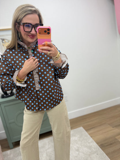 Brown Polka Dot Ruffle Button Top