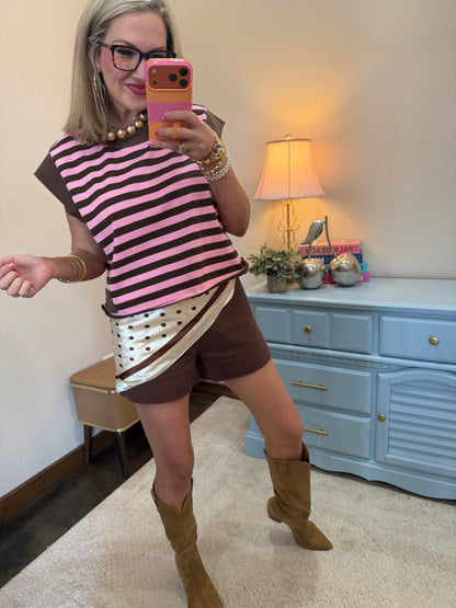 Brown & Pink Stripe Cotton & Solid Rib Over-sized Sleeveless Top