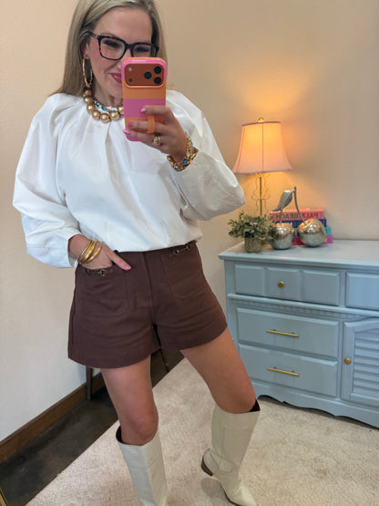 White Balloon Poplin Shirt With Pleated Neck