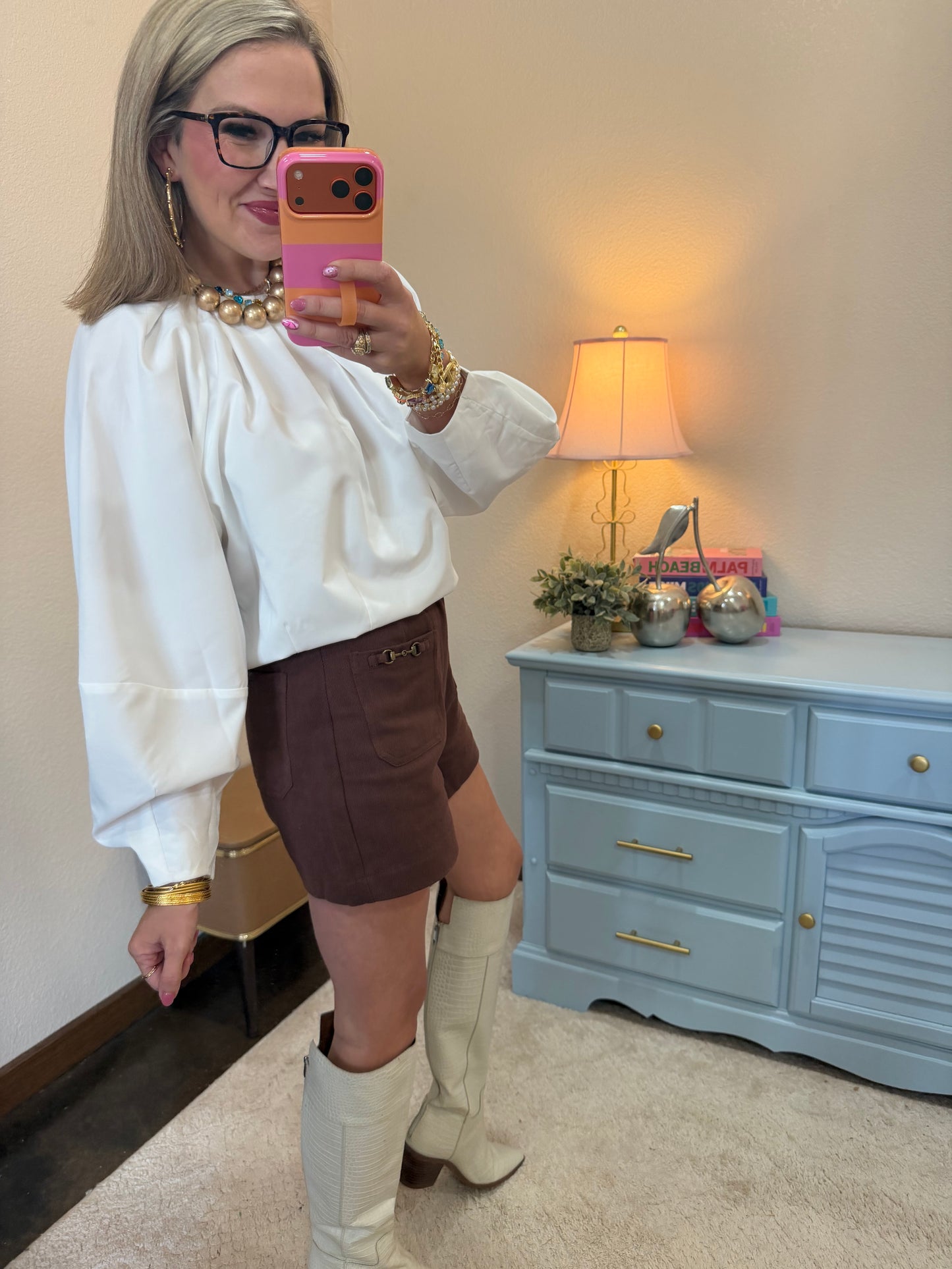 Brown Front Decorative Pocket Shorts