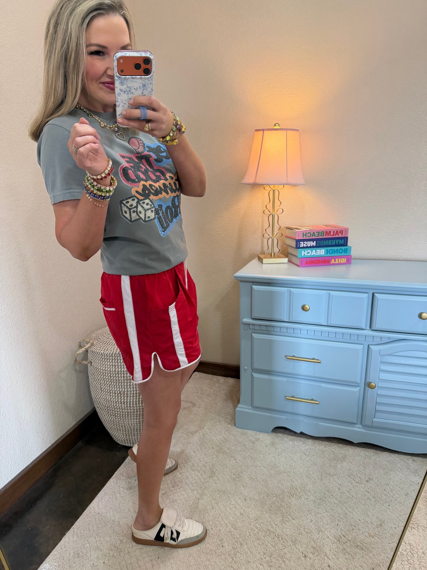 Red & White Elastic Waist Athletic Shorts
