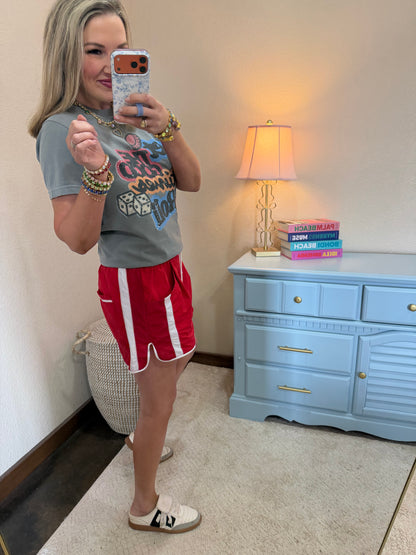 Red & White Elastic Waist Athletic Shorts
