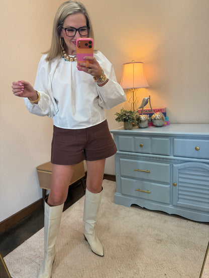White Balloon Poplin Shirt With Pleated Neck