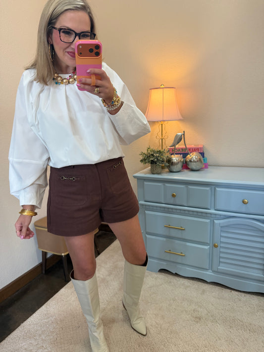 Brown Front Decorative Pocket Shorts