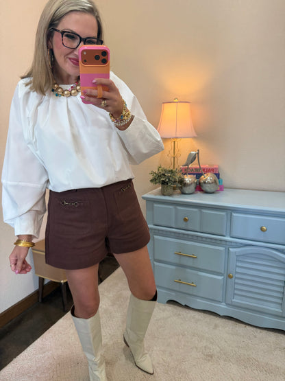 Brown Front Decorative Pocket Shorts