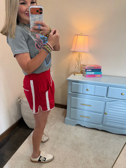 Red & White Elastic Waist Athletic Shorts