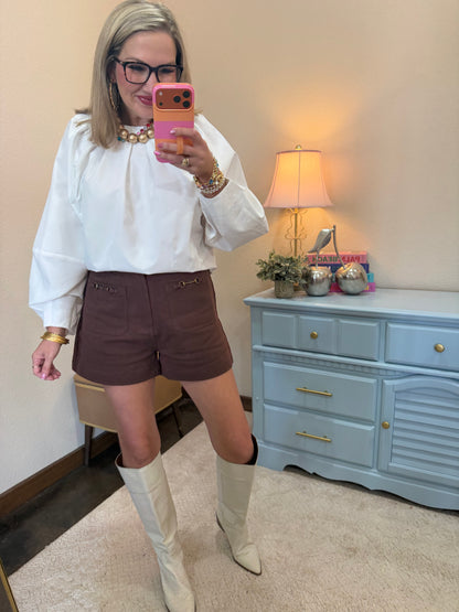 Brown Front Decorative Pocket Shorts
