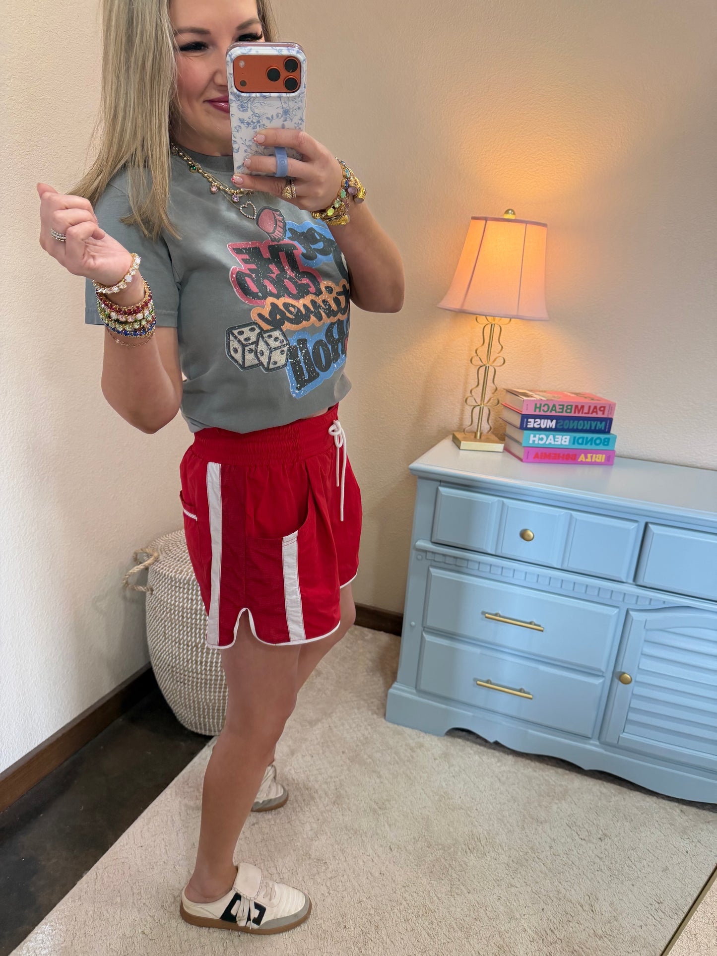 Red & White Elastic Waist Athletic Shorts