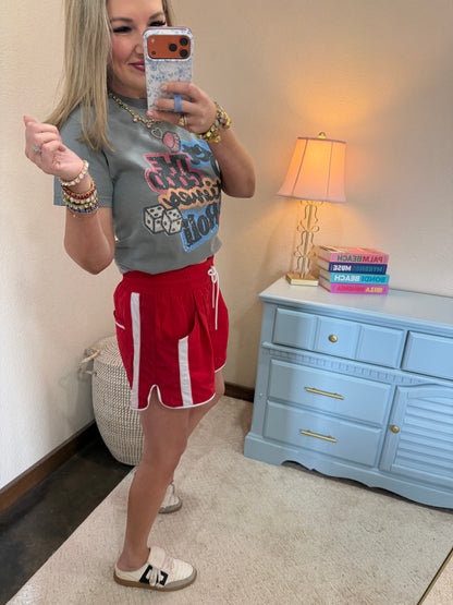 Red & White Elastic Waist Athletic Shorts