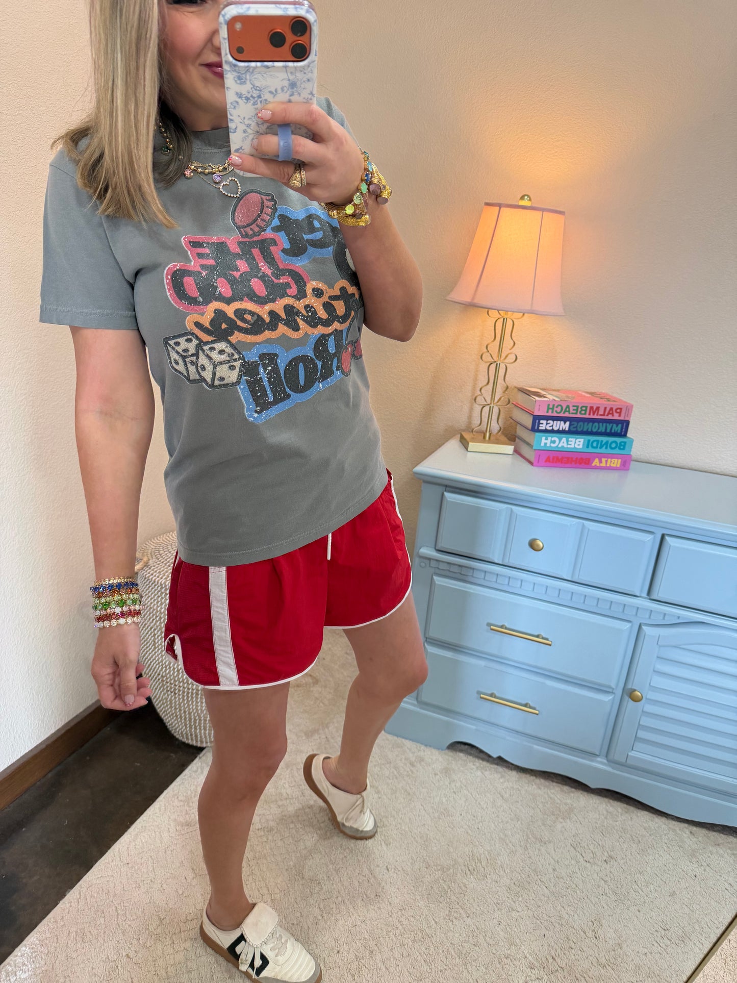 Red & White Elastic Waist Athletic Shorts