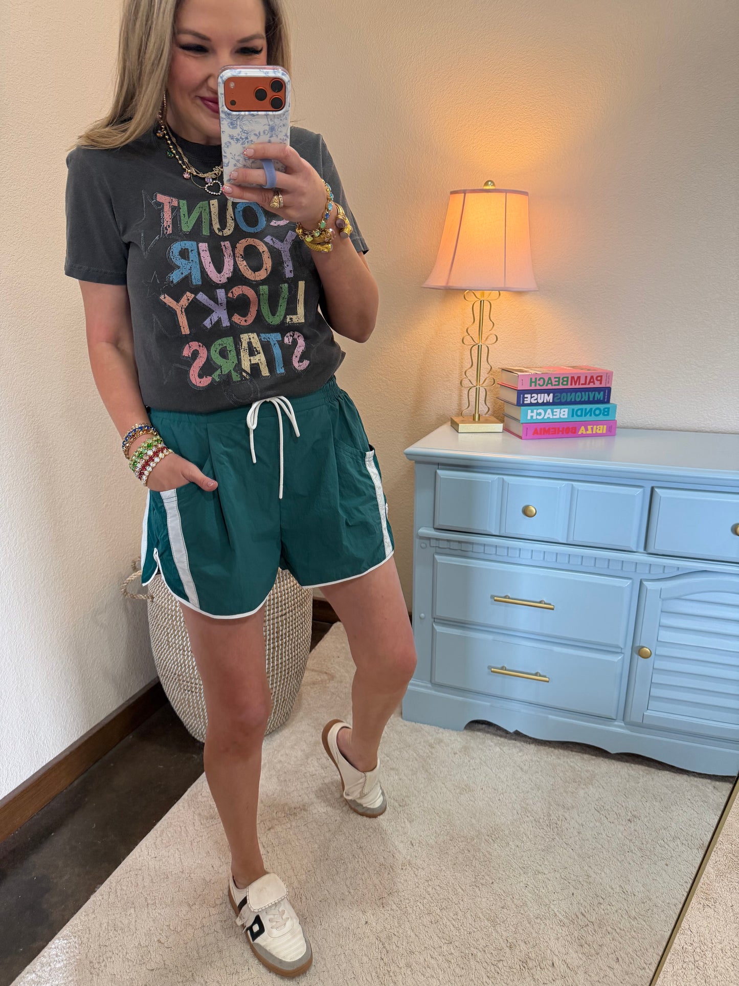 Green & White Elastic Waist Athletic Shorts