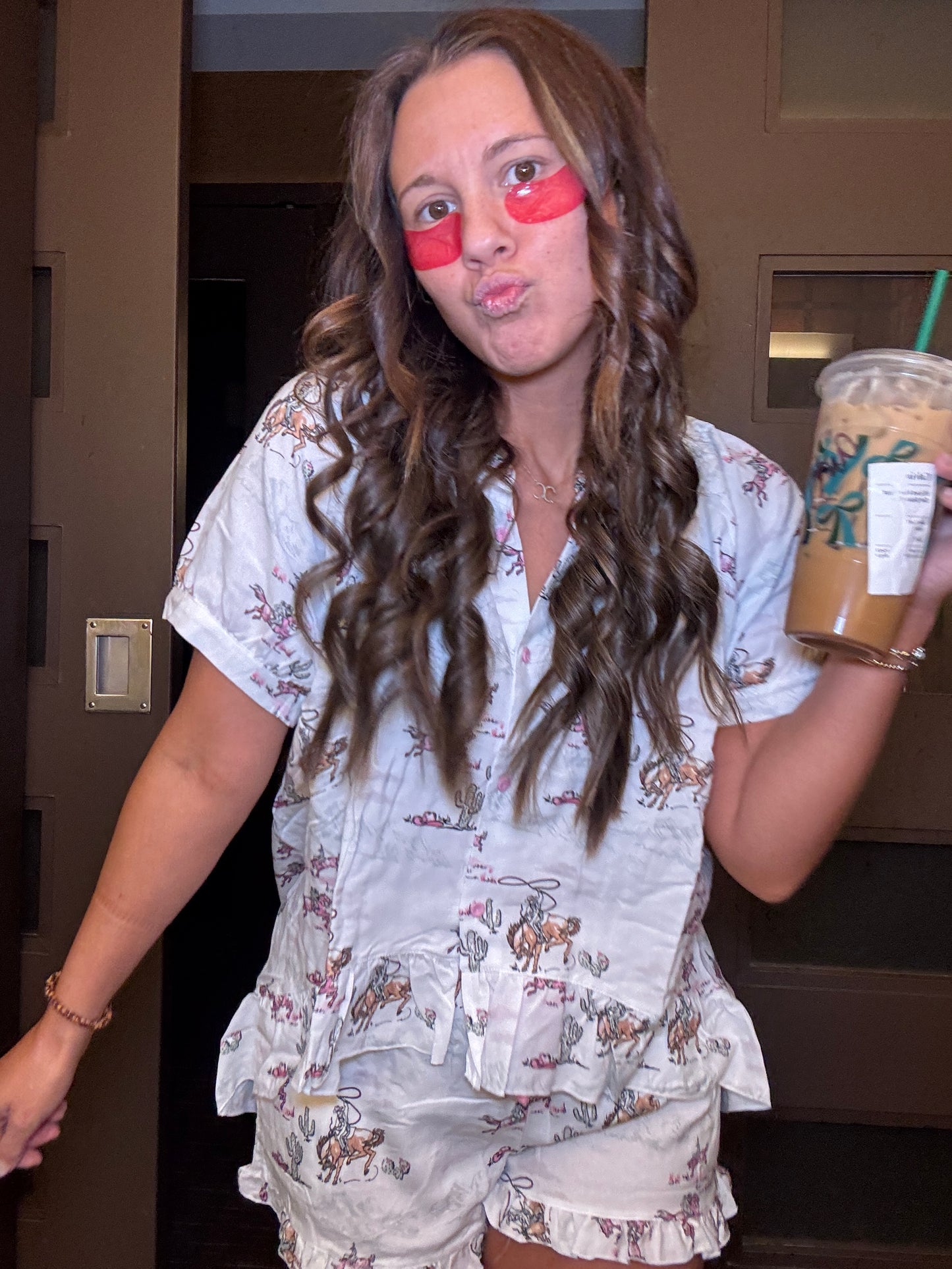 Heather Welper Pink and White Lasso Lady Western PJ Ruffle Short Set