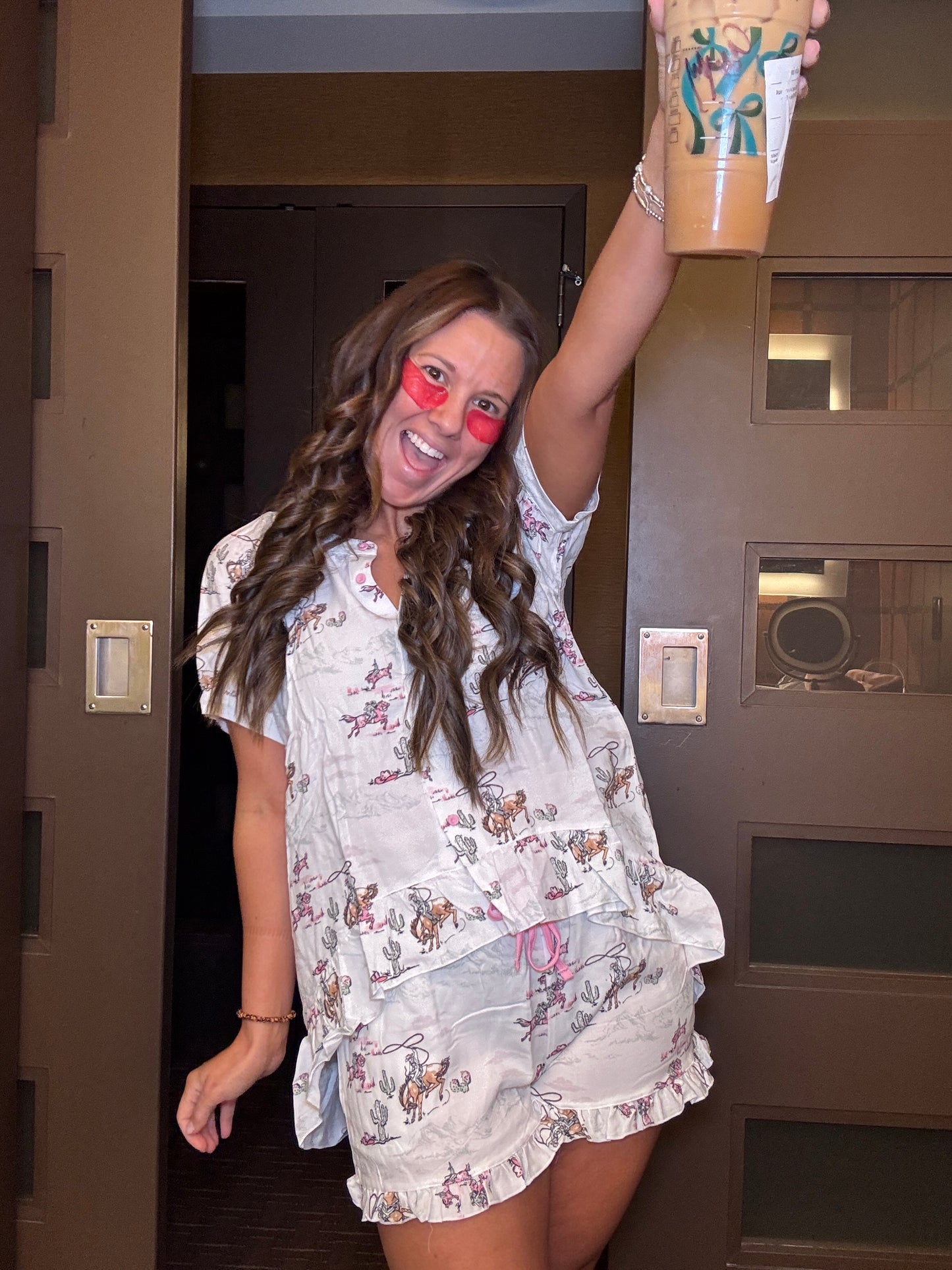 Heather Welper Pink and White Lasso Lady Western PJ Ruffle Short Set