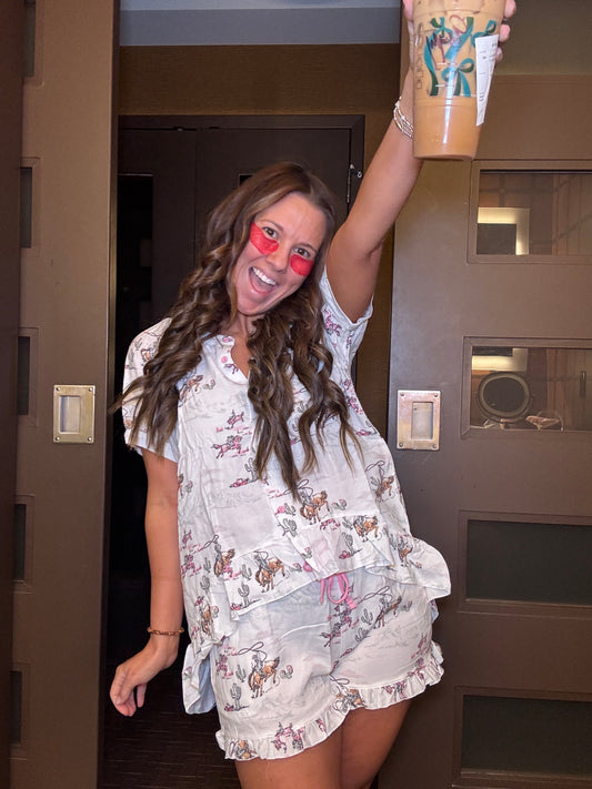 Heather Welper Pink and White Lasso Lady Western PJ Ruffle Short Set