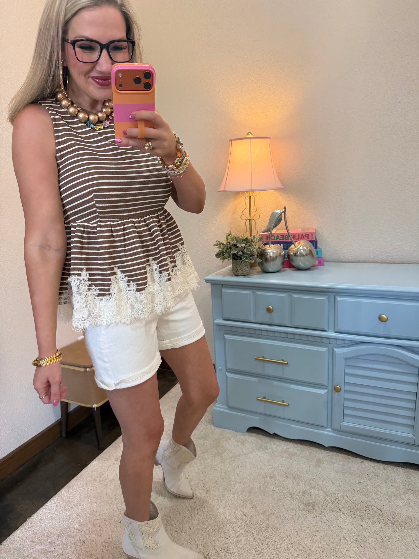 Brown & Cream Strip Tank With Lace Bottom Top