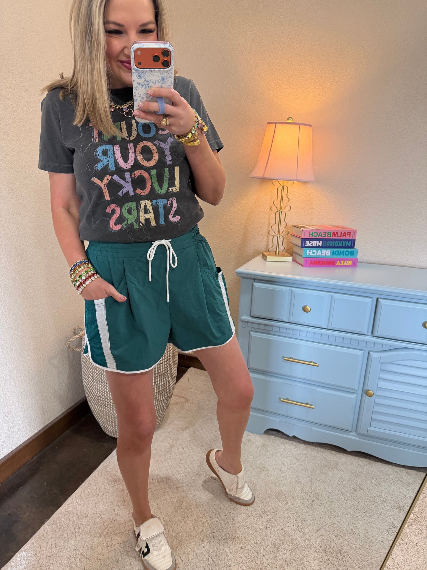Green & White Elastic Waist Athletic Shorts