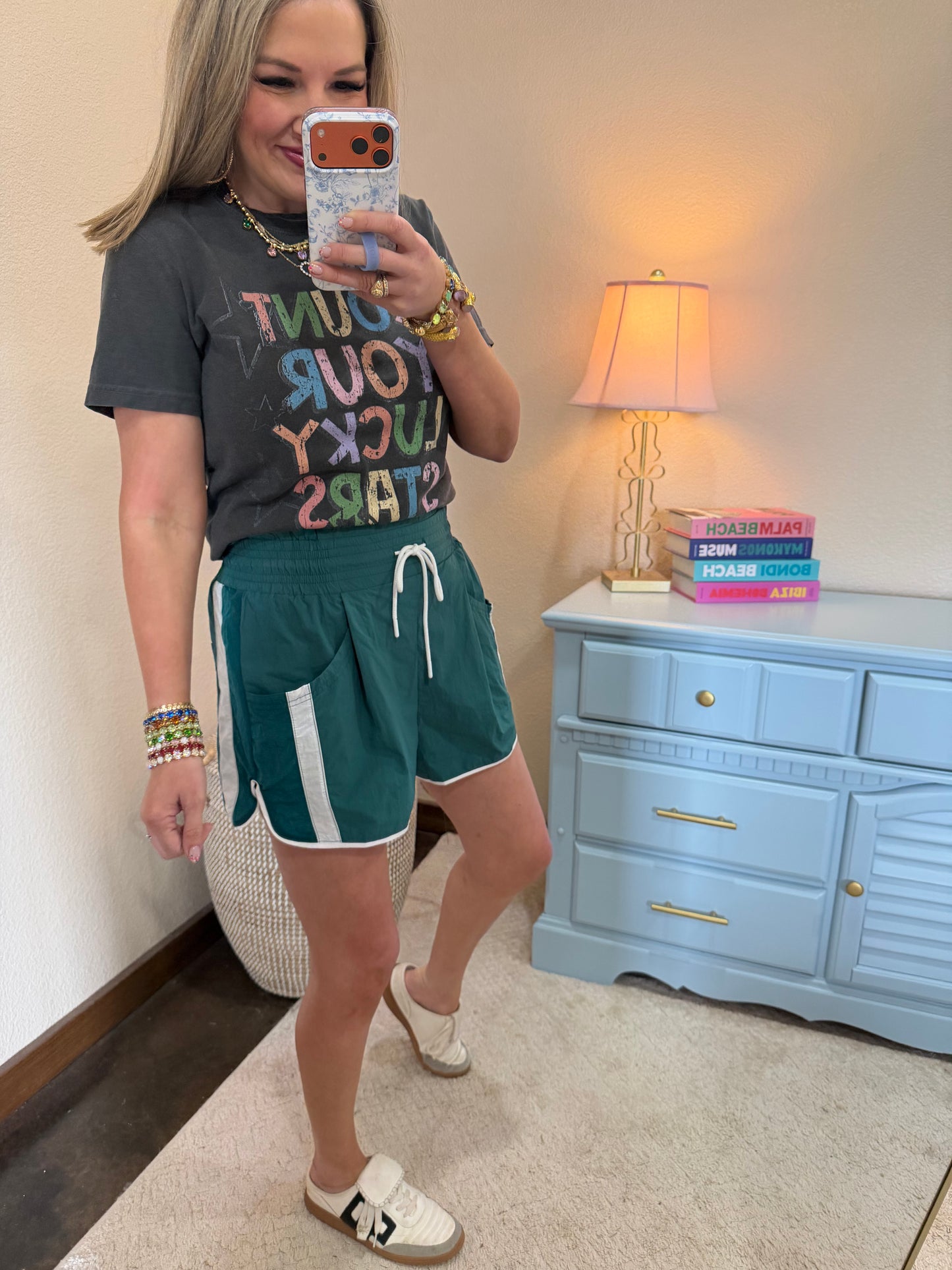Green & White Elastic Waist Athletic Shorts