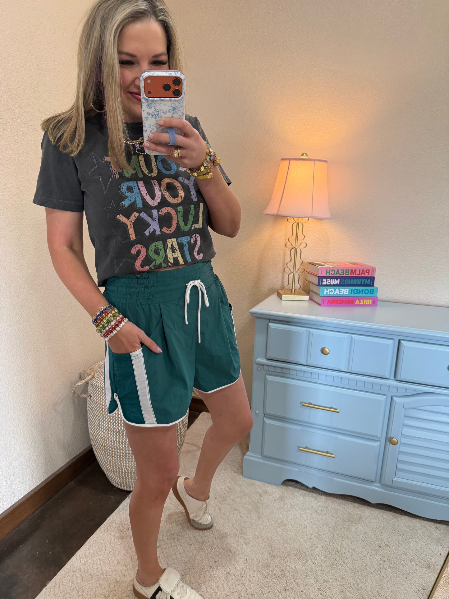 Green & White Elastic Waist Athletic Shorts