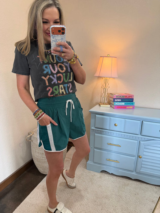 Green & White Elastic Waist Athletic Shorts