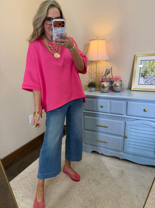 Fuchsia Round Neck Scuba With Side Slits