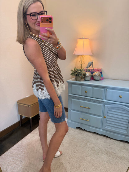Brown & Cream Strip Tank With Lace Bottom Top