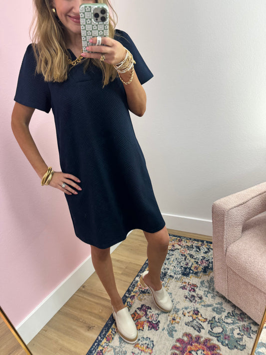 Navy Collared Textured Dress