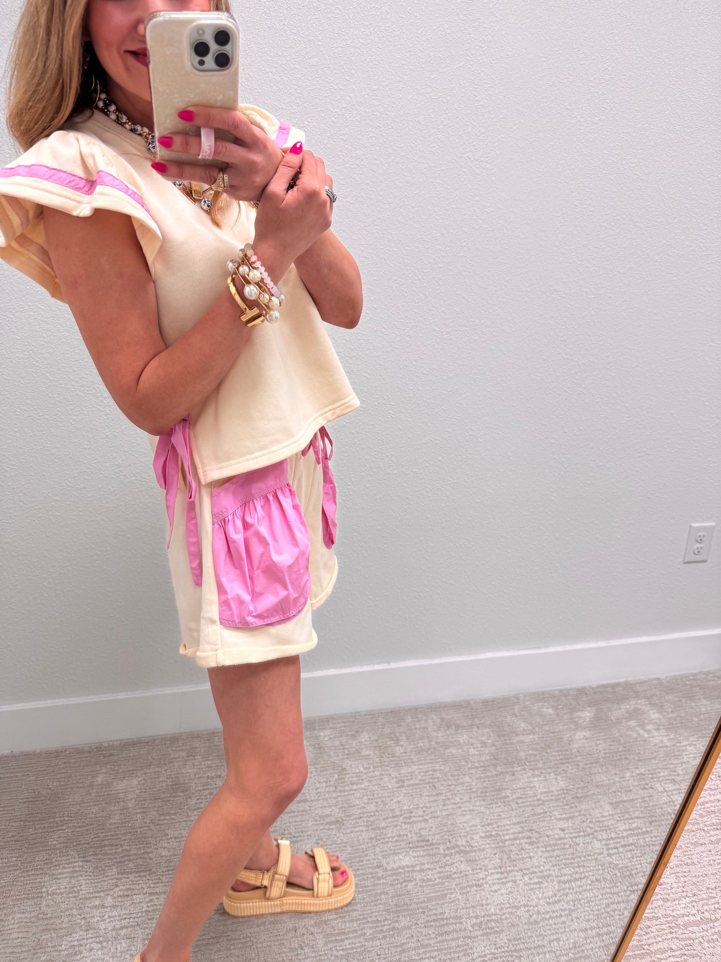 Cream and Pink Side Bow Two Piece Short Set